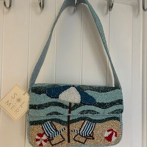 Sol Mer Light Blue Beaded Shoulder Bag with Beach Scene